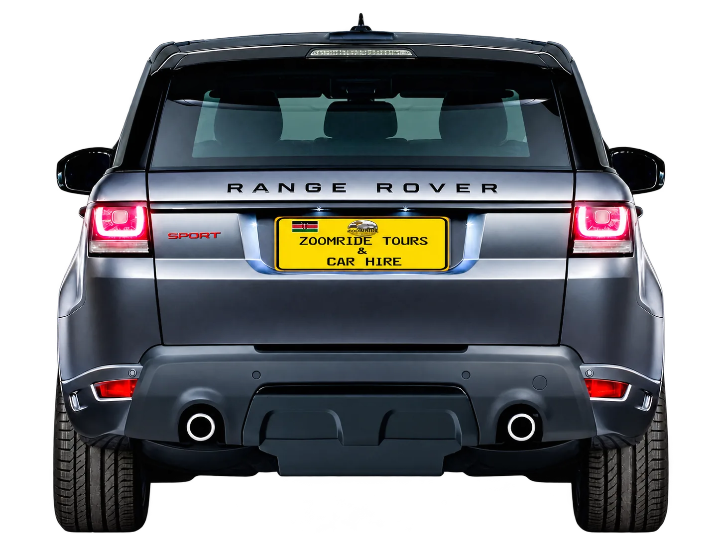Rear view of a Range Rover with the yellow ZoomRide plate