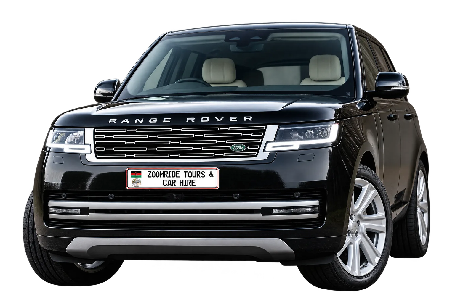 Front view of a Range Rover with the white ZoomRide plate